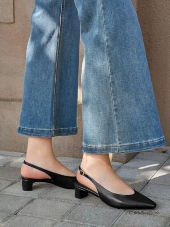 Faux Leather Chunky Low Heel Slingback Pumps Closed Toe Dress Shoes - Picture 2 of 7